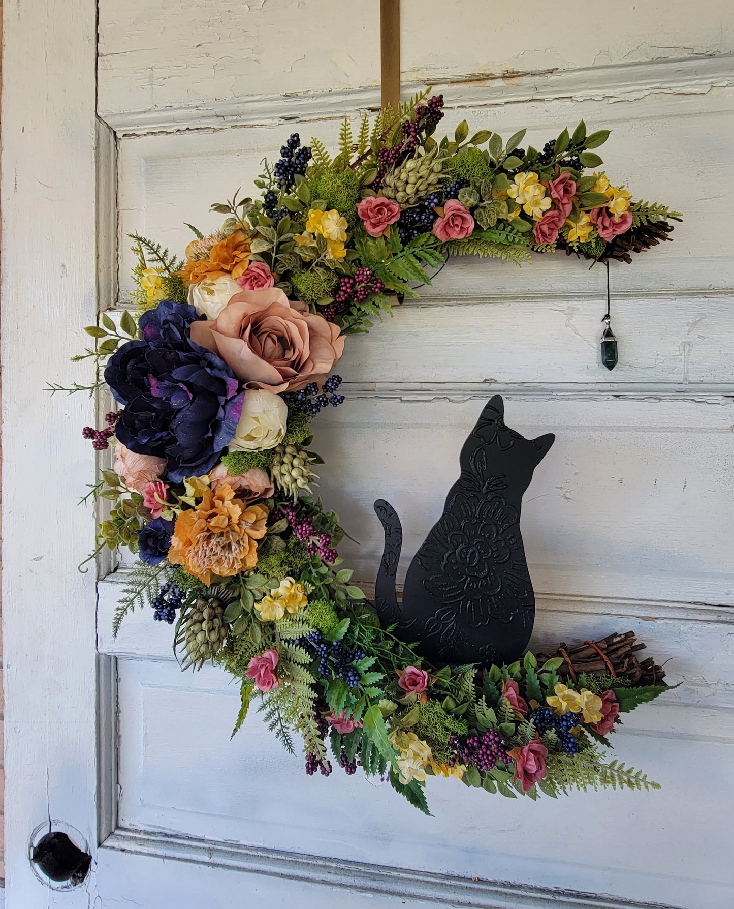 Cottagecore Cat Moon Wreath w/ Malachite Crystal