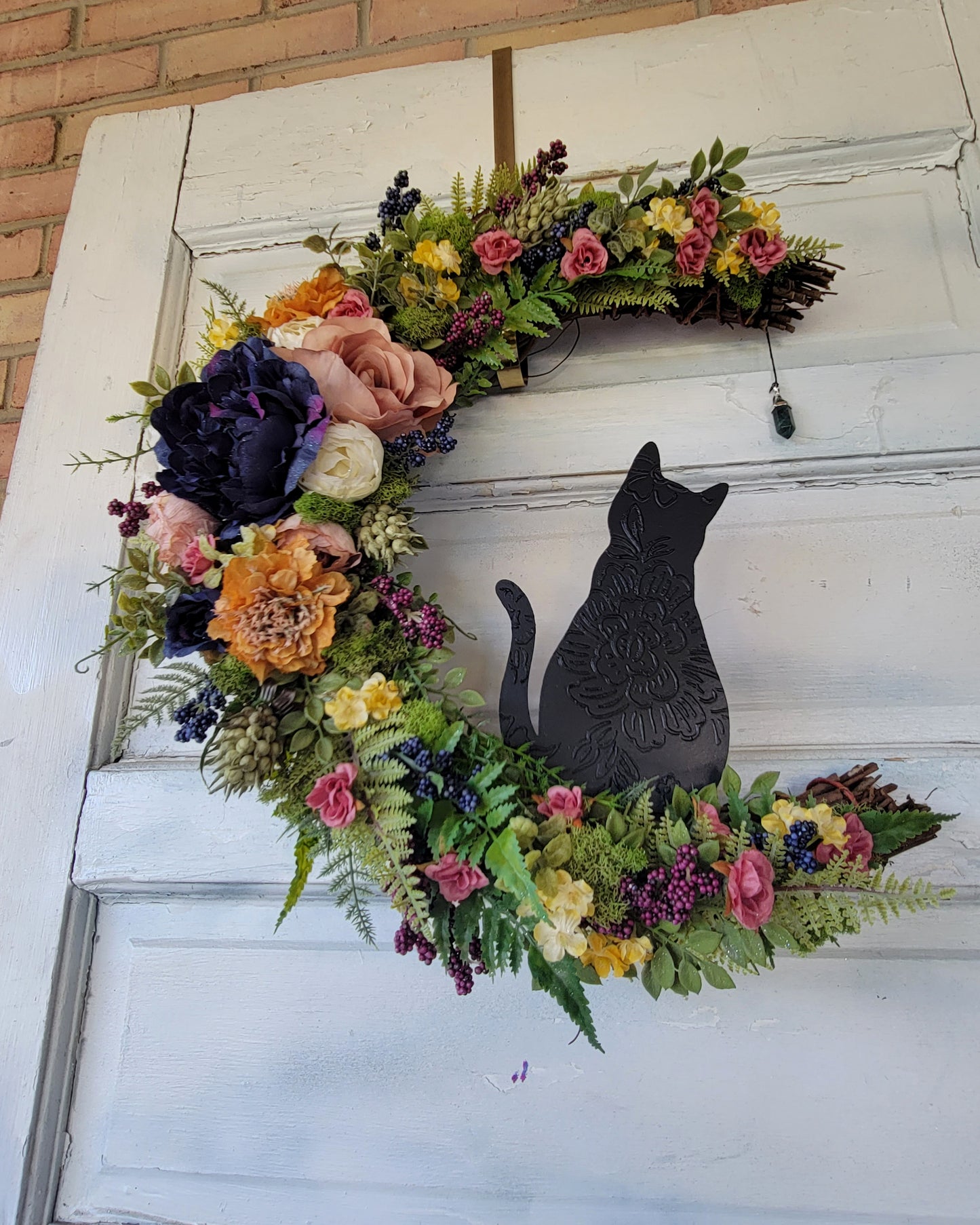 Cottagecore Cat Moon Wreath w/ Malachite Crystal