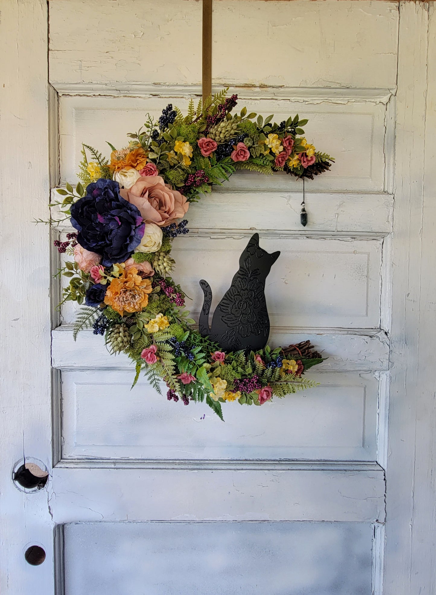 Cottagecore Cat Moon Wreath w/ Malachite Crystal