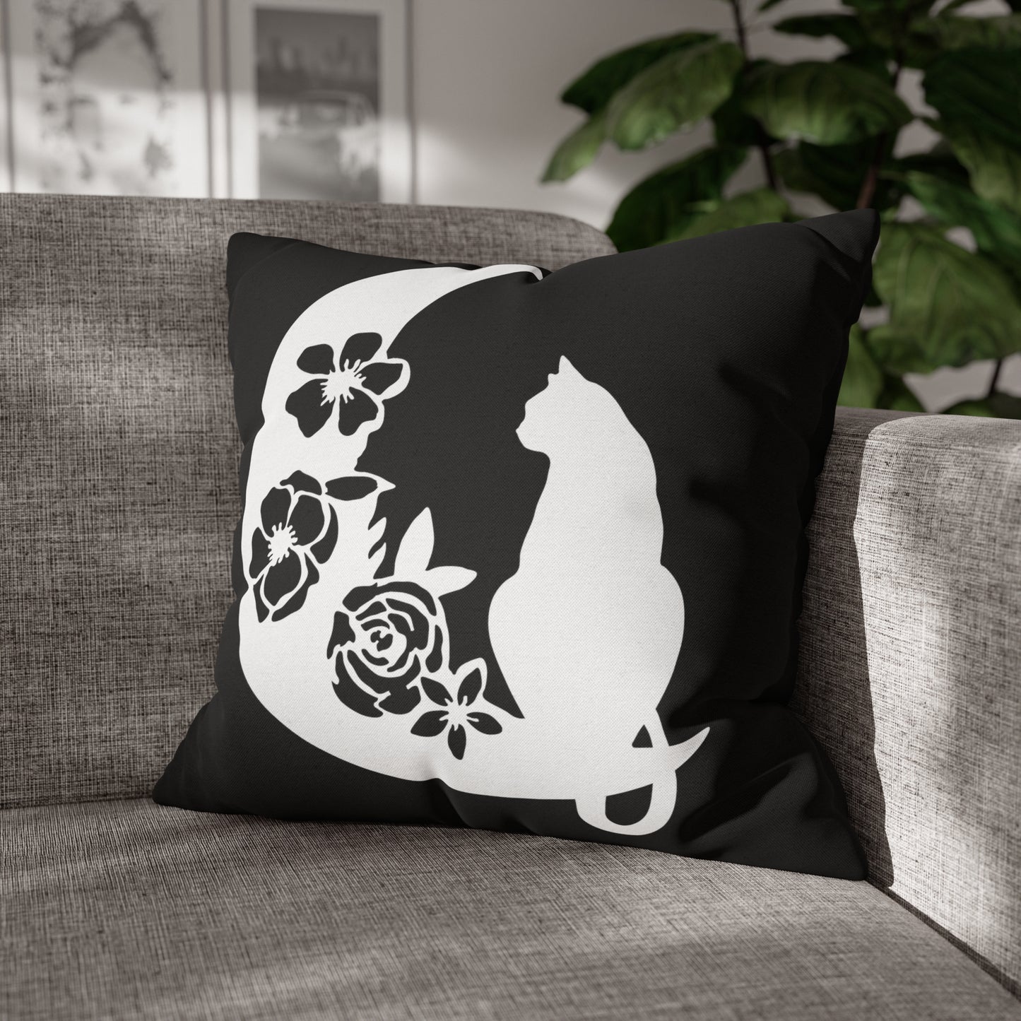 Witchy Black Cat Crescent Moon Pillow Cover