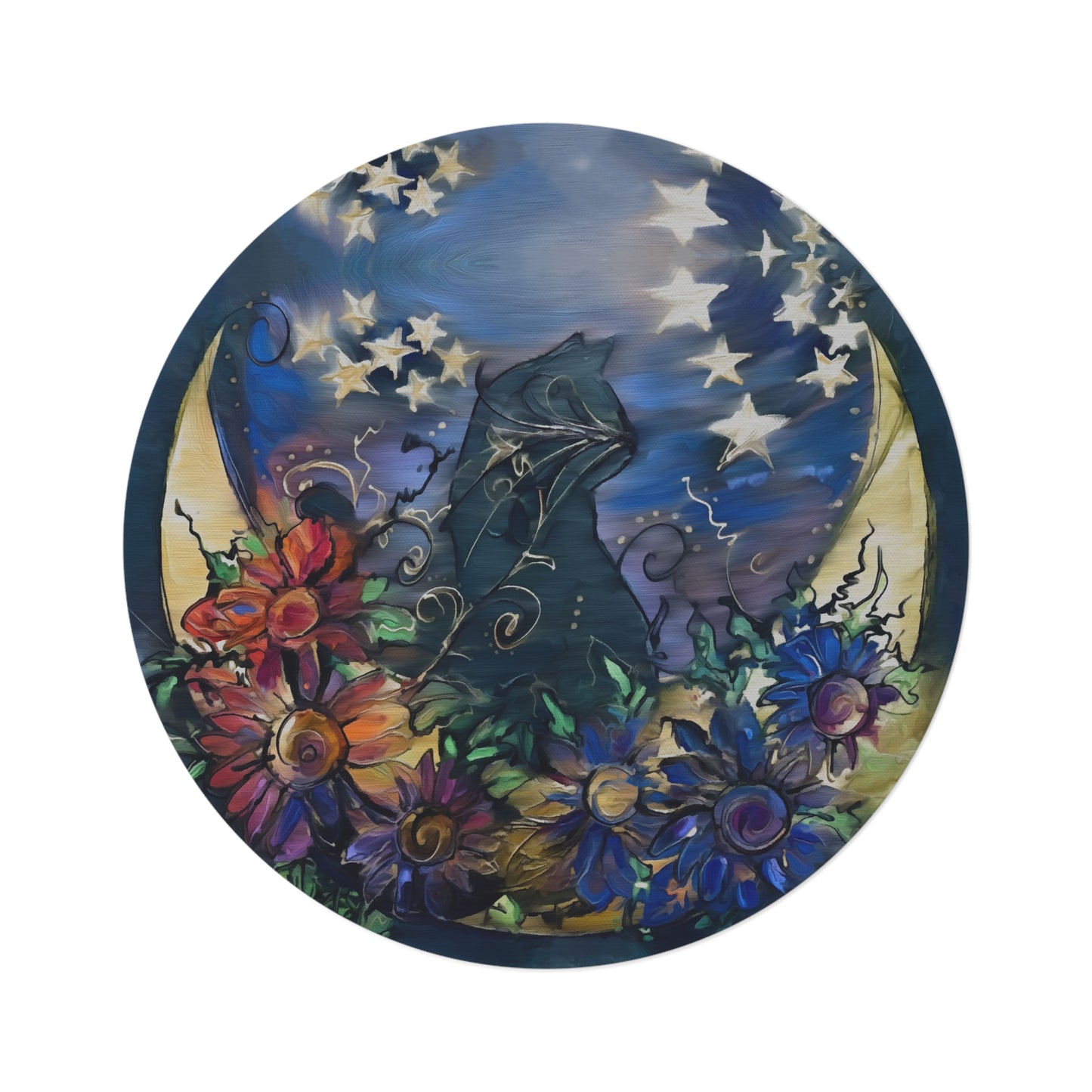 Crescent Moon Cat Floral Round Rug