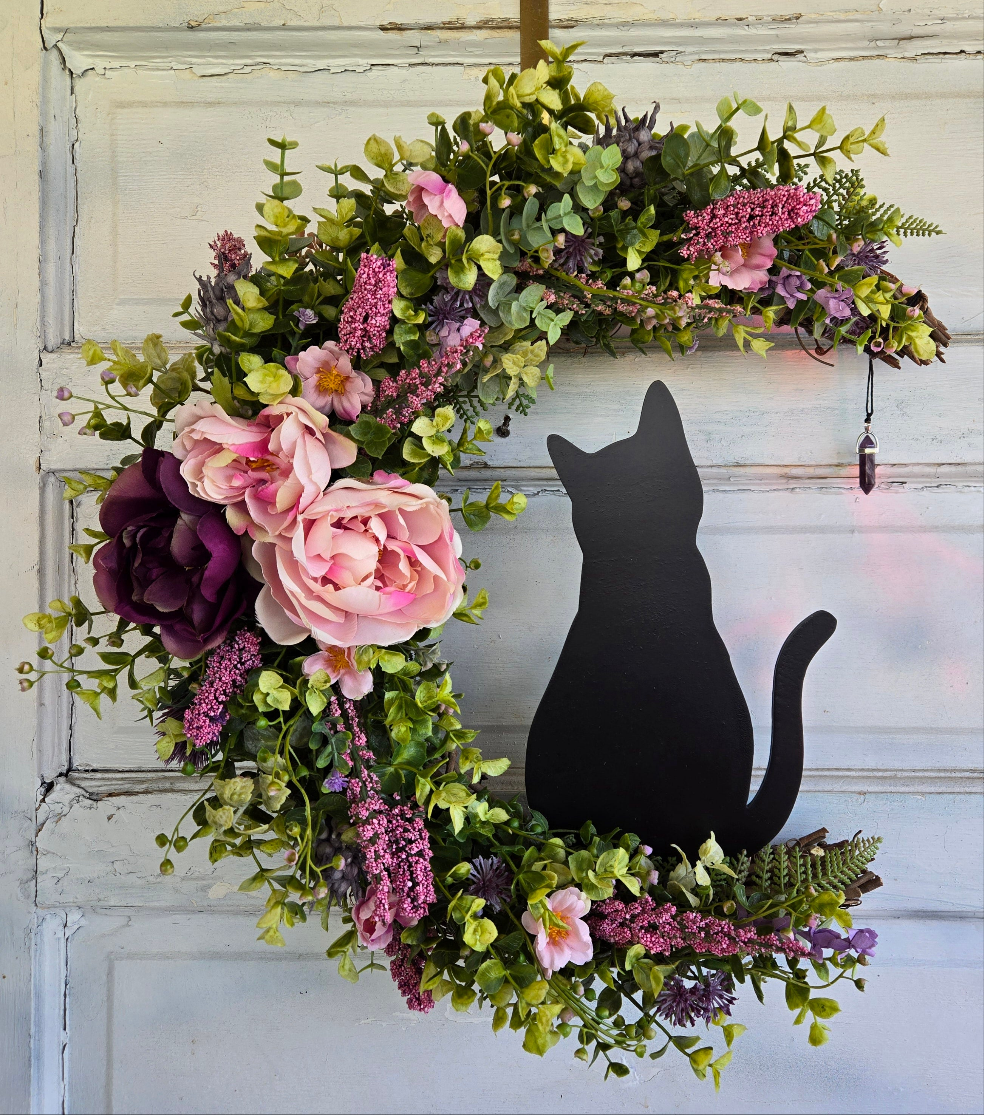 Pink Black Cat Amethyst Crescent Moon Wreath