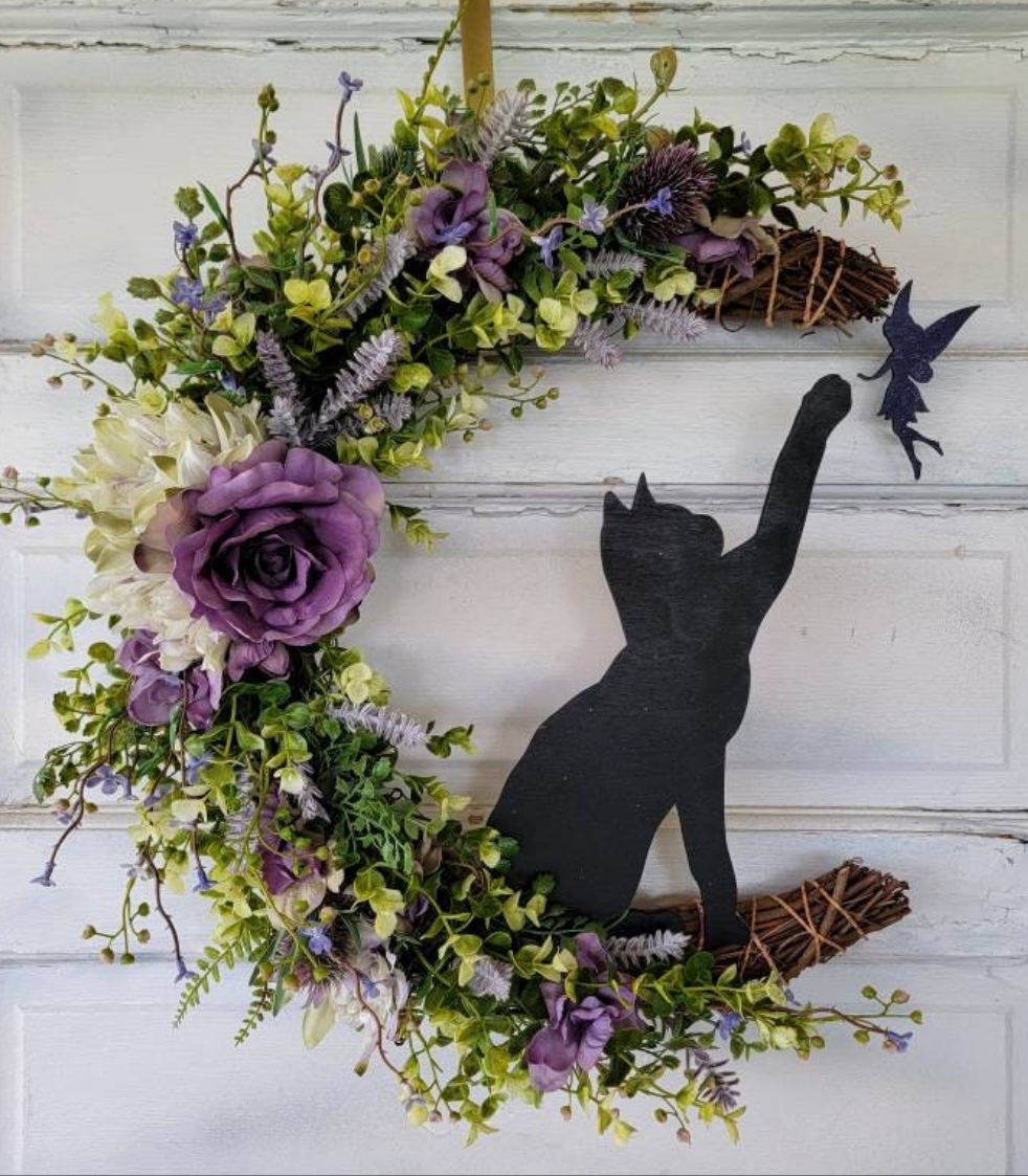 Black Cat & Fairy Crescent Moon Wreath