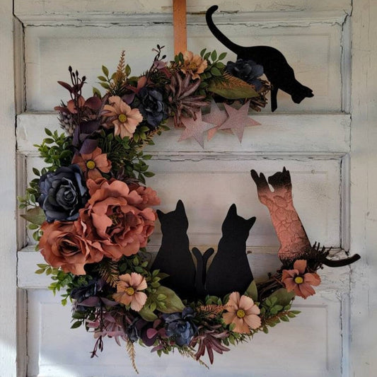 Smokey Blue Witchy Wildflower Multiple Cats Crescent Moon Wreath