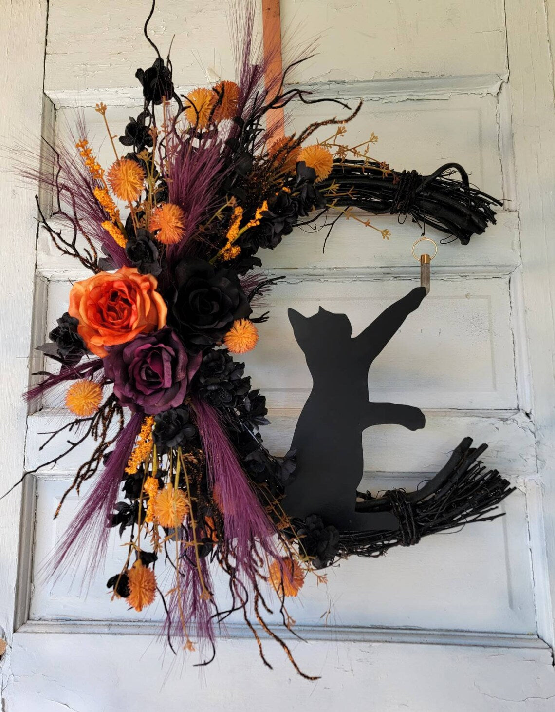 Orange, Purple & Black Halloween Cat Crescent Moon Wreath