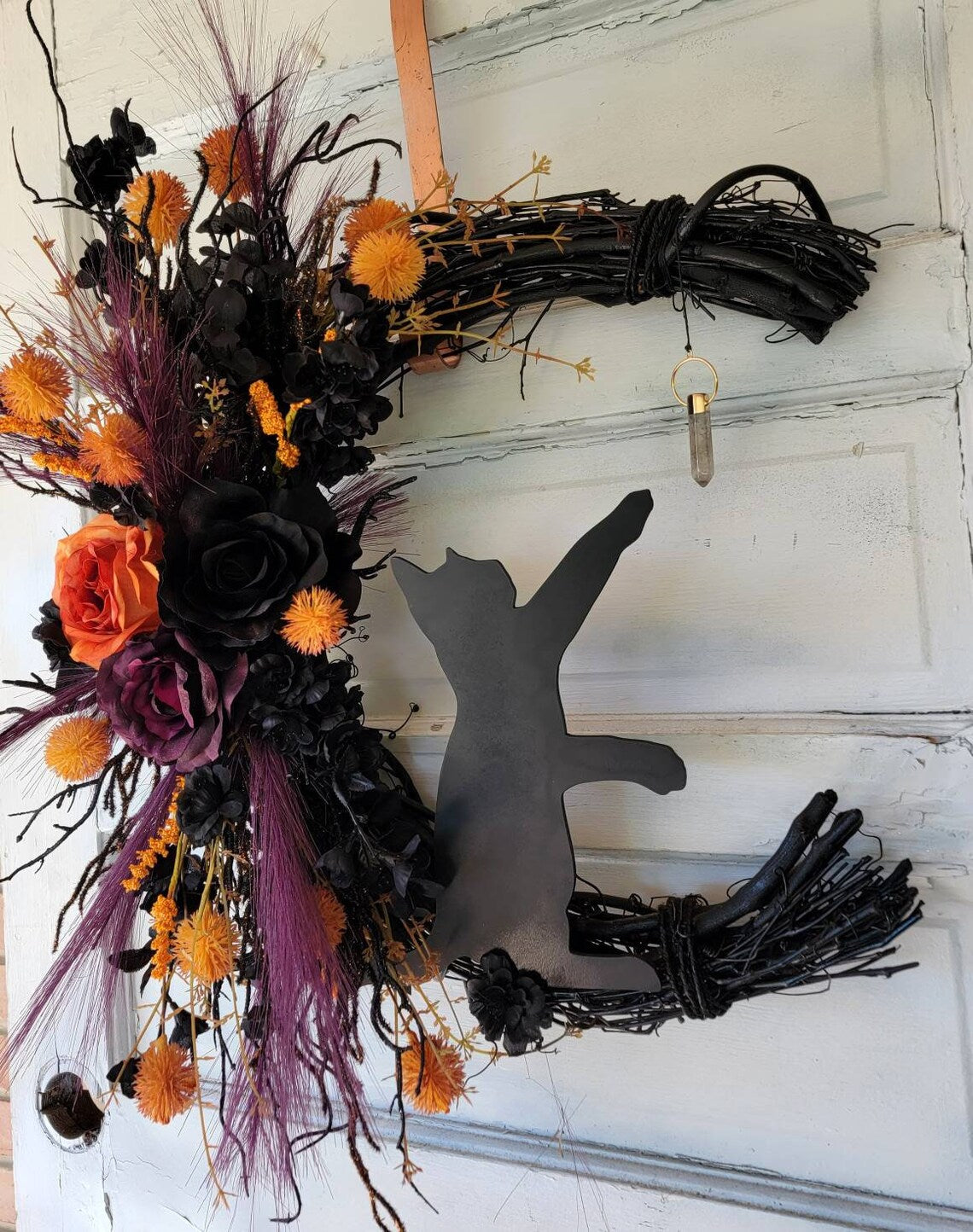 Orange, Purple & Black Halloween Cat Crescent Moon Wreath