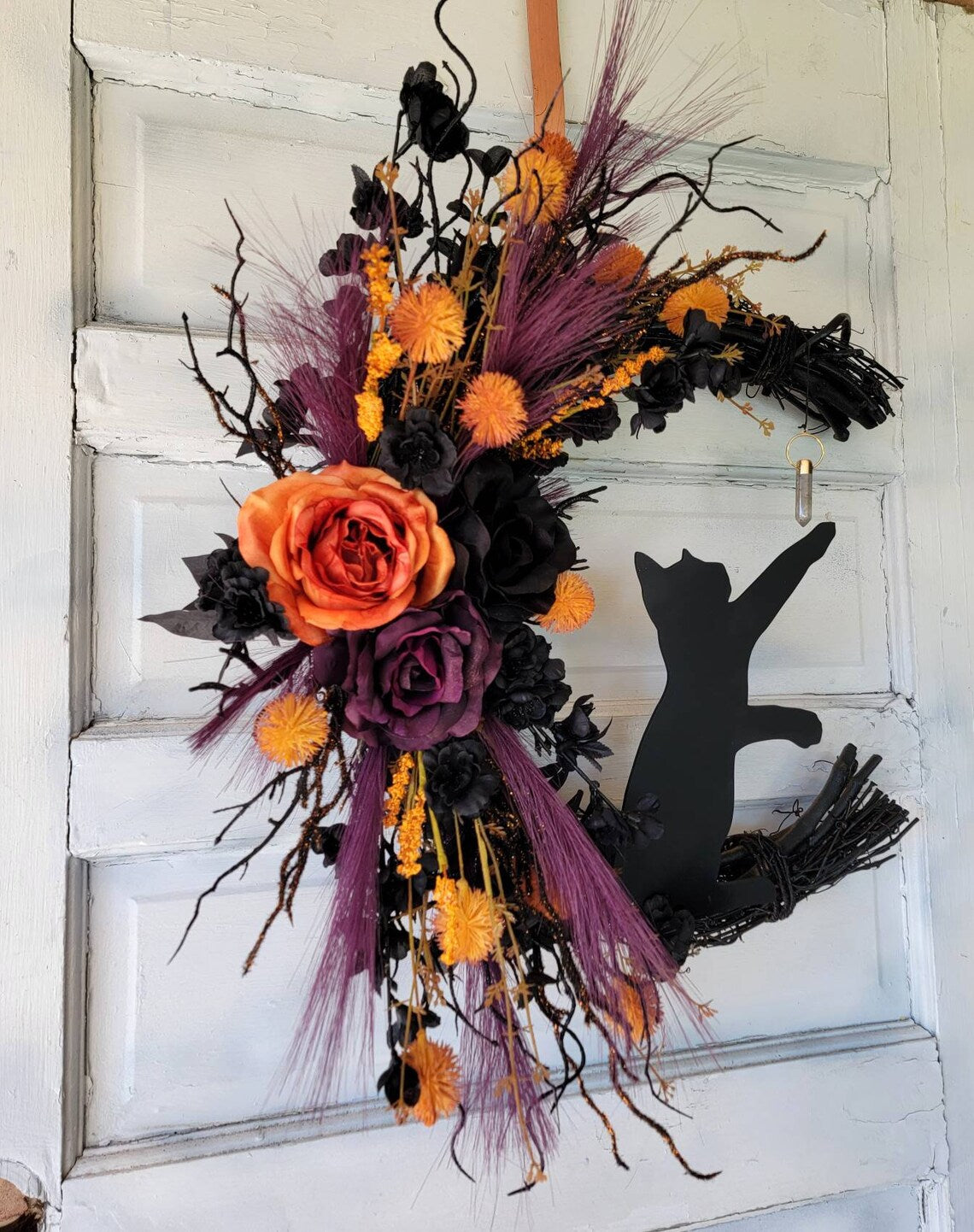 Orange, Purple & Black Halloween Cat Crescent Moon Wreath