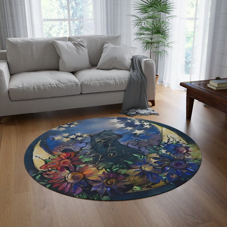 Crescent Moon Cat Floral Round Rug