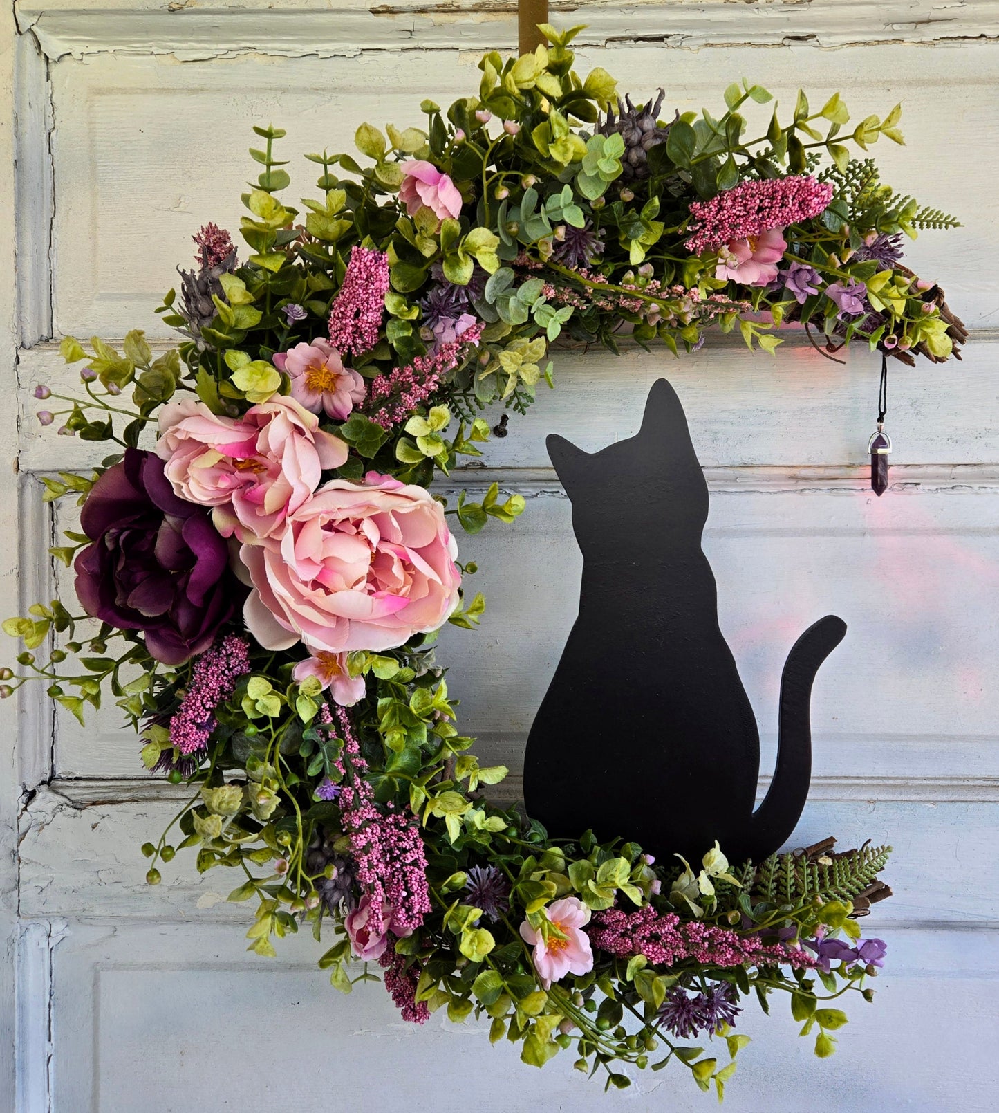 Pink Black Cat Amethyst Crescent Moon Wreath