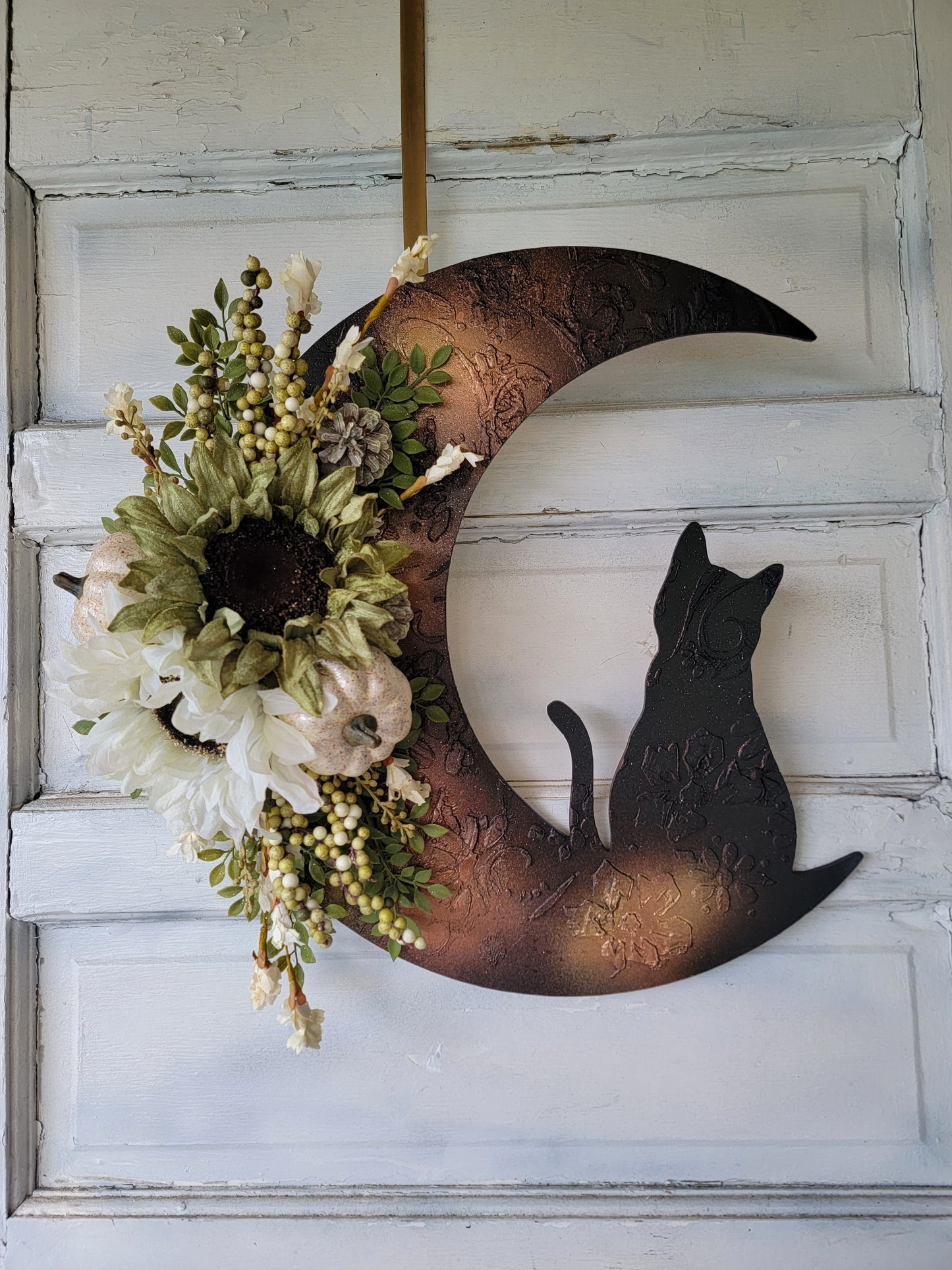 Fall Cat Crescent Moon Sunflower Wreath