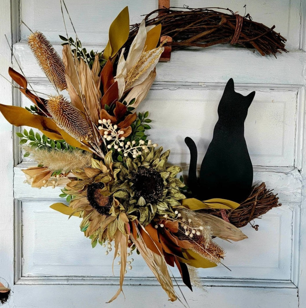Fall Cat Moon Thistles & Sunflower Wreath