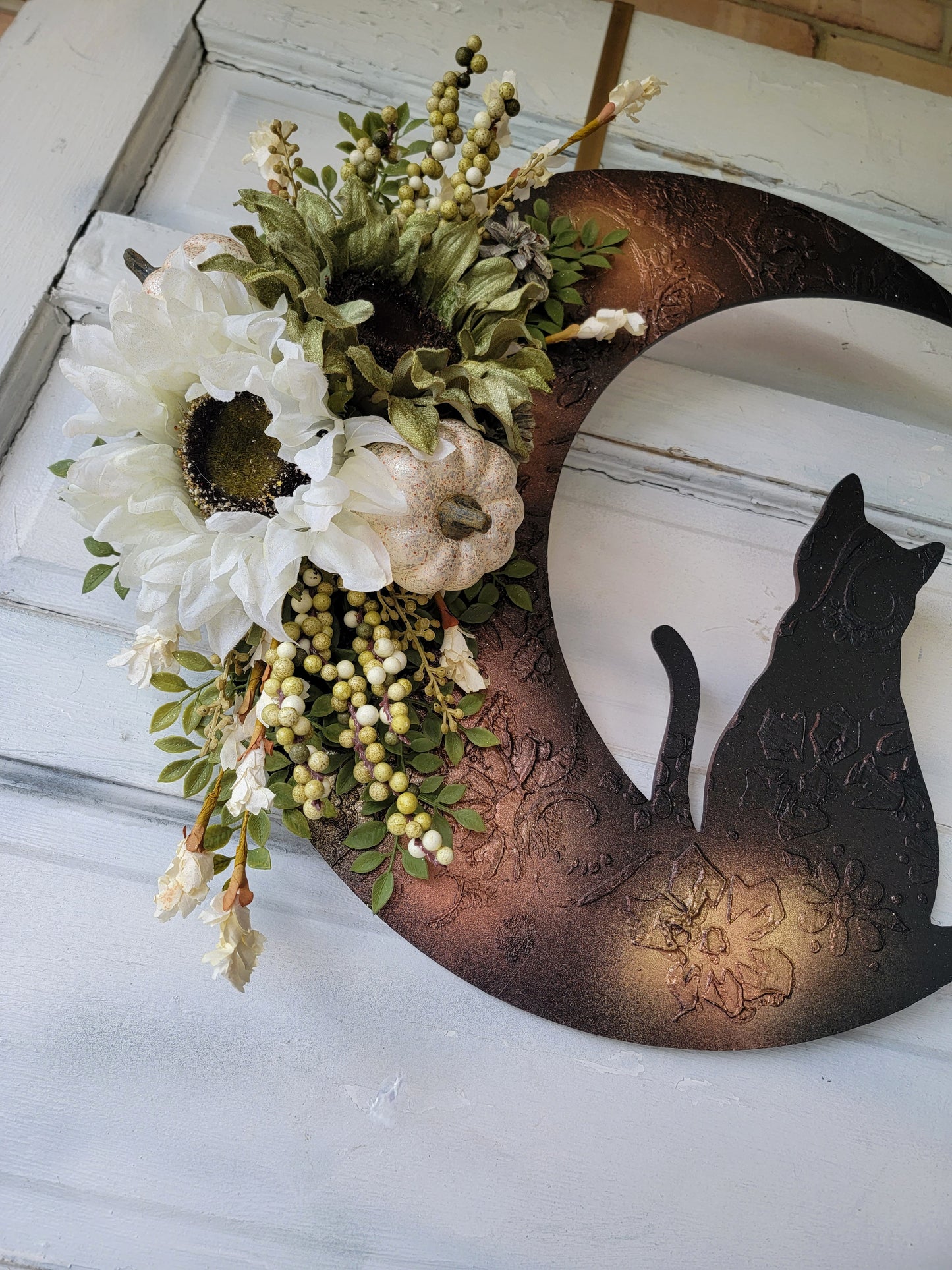 Fall Cat Crescent Moon Sunflower Wreath