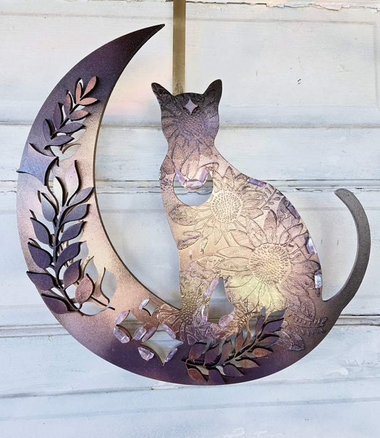 Amethyst Crystal Cat Crescent Moon Wall Art