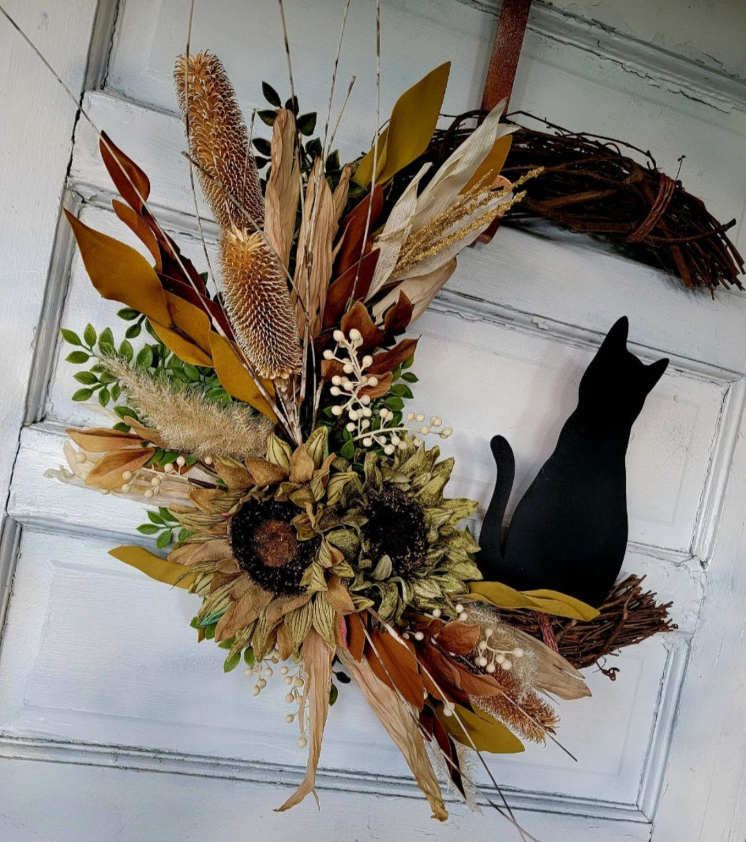 Fall Cat Moon Thistles & Sunflower Wreath