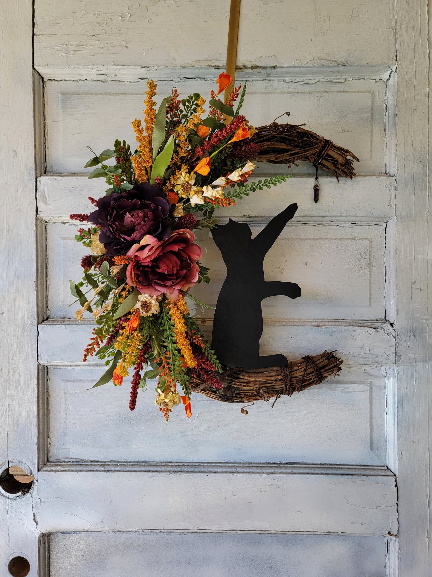 Two Toned Crystal Cat Crescent Moon Wreath