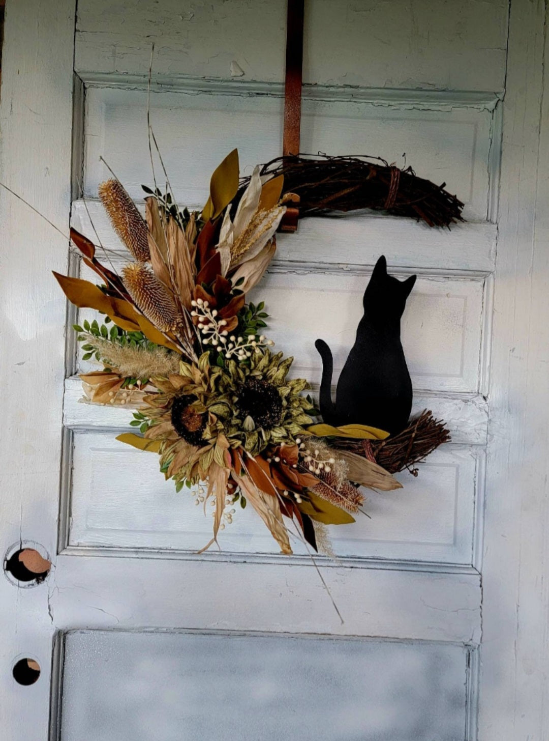 Fall Cat Moon Thistles & Sunflower Wreath