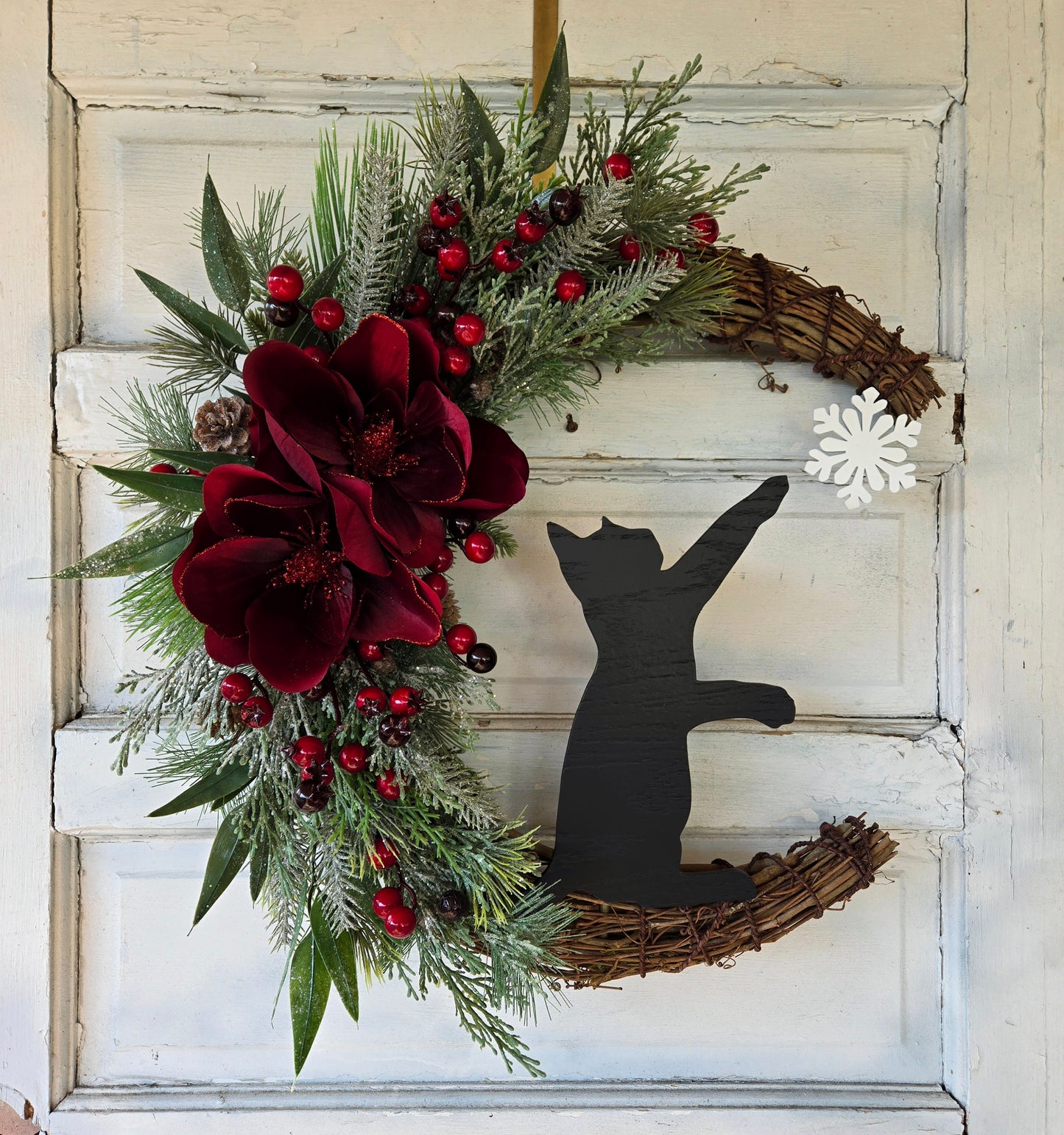 Red Poinsettia Christmas Crescent Moon Cat Wreath