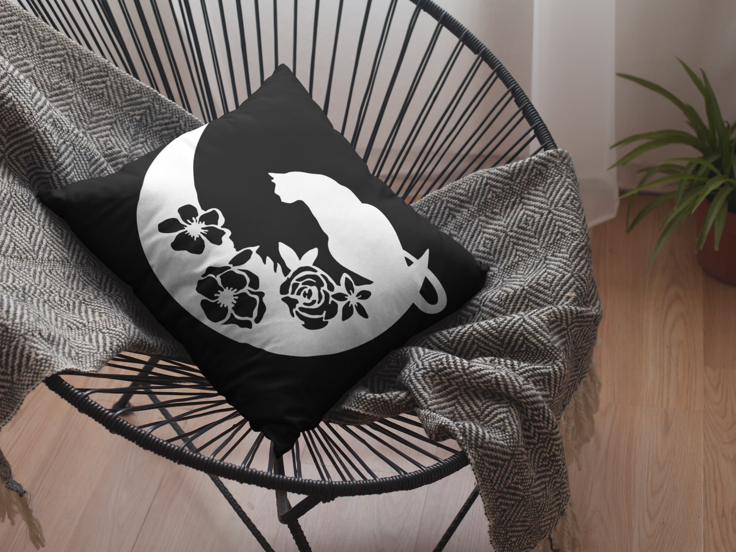 Witchy Black Cat Crescent Moon Pillow Cover