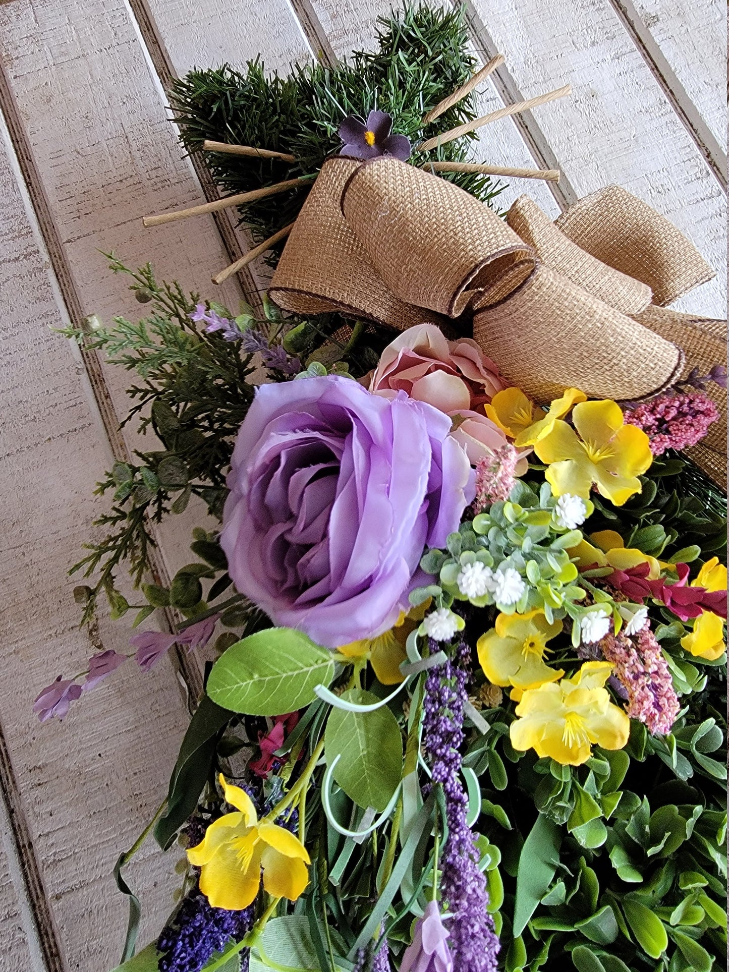 Spring Yellow & Purple Flowers Boxwood Cat Wreath w/ Grapevine Heart Tail