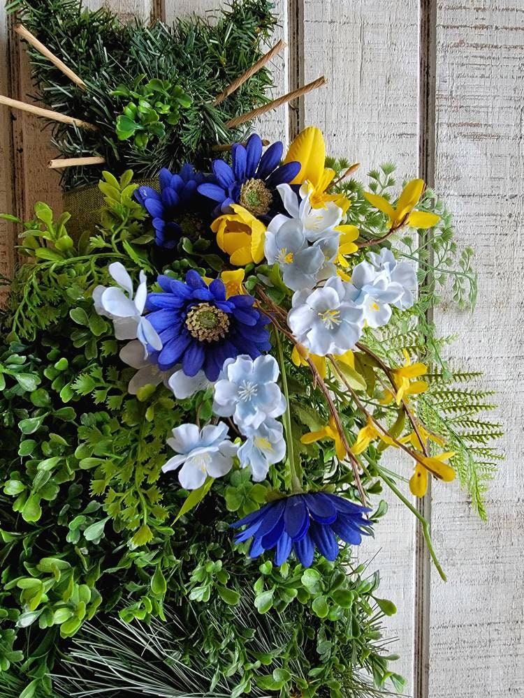 Yellow & Blue Flowers Spring Boxwood Cat Wreath