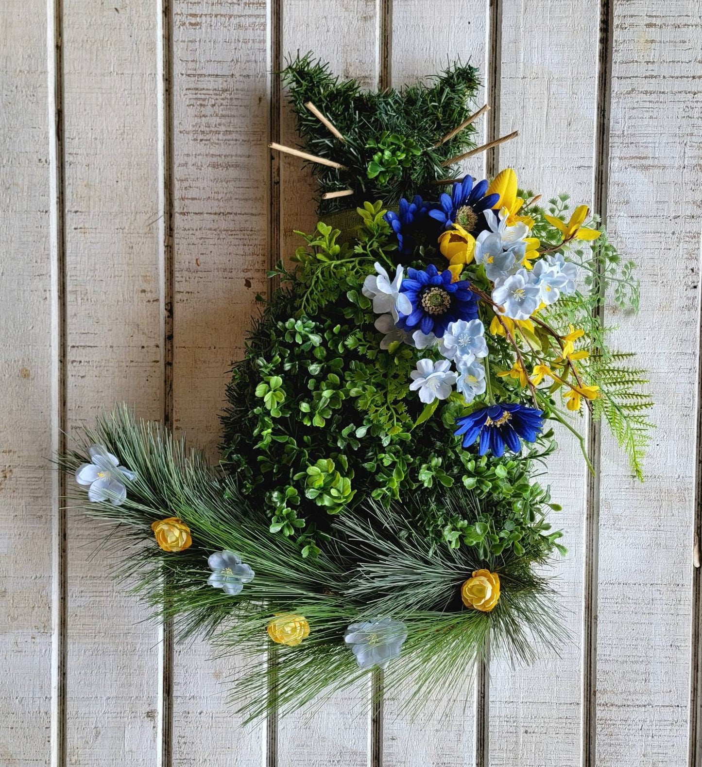 Yellow & Blue Flowers Spring Boxwood Cat Wreath