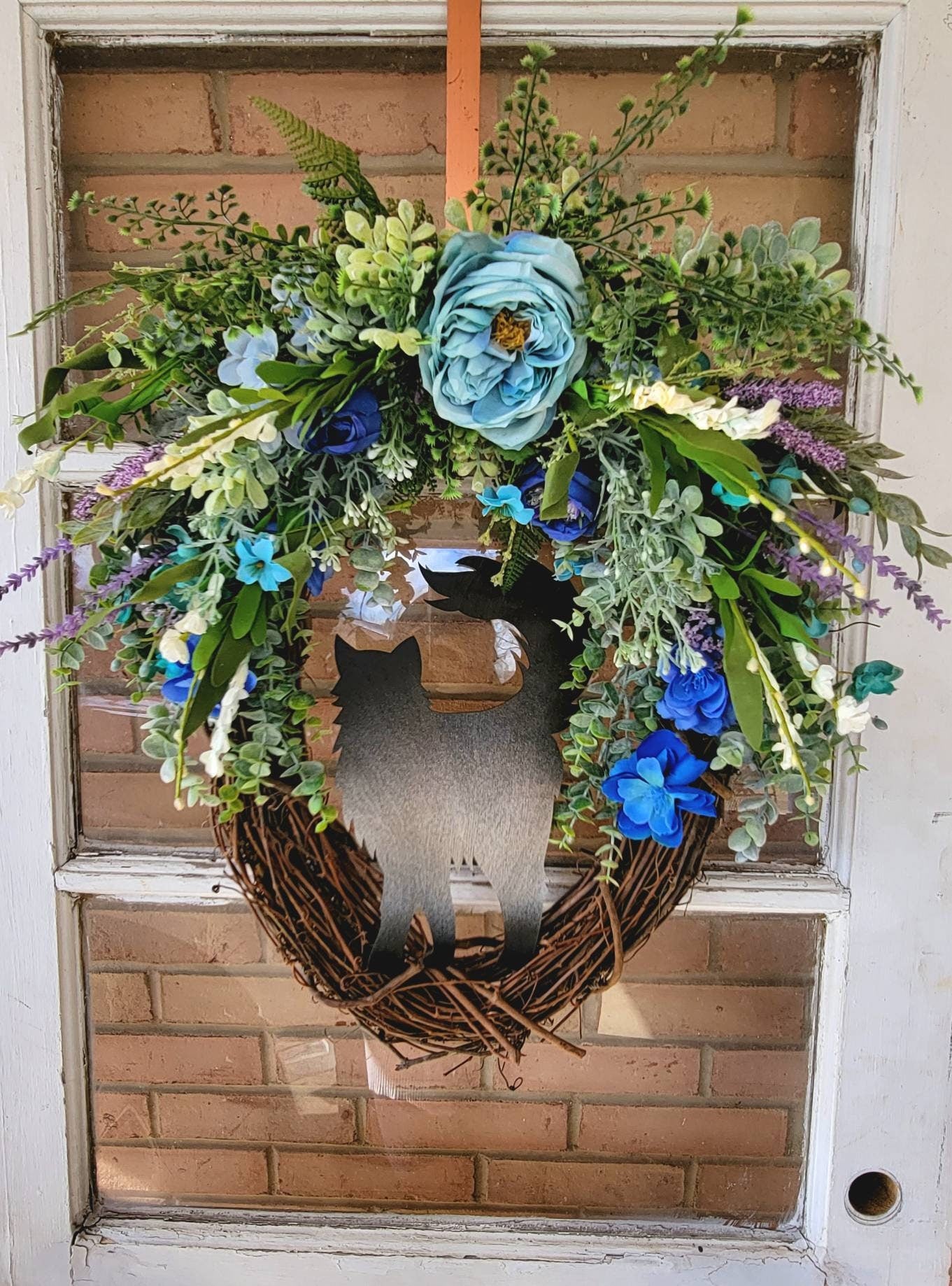 Extra Large Blue & Lavender Flowers Long Haired Cat Oval Grapevine Wreath