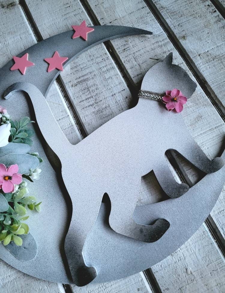 Girls Pink Nursery Moon Cat Wall Art