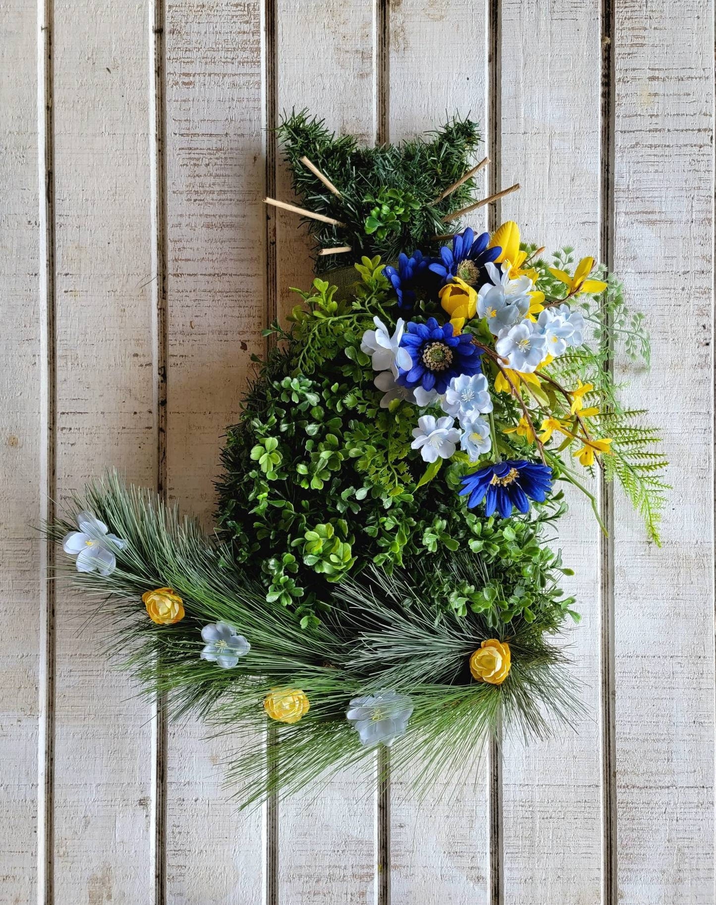 Yellow & Blue Flowers Spring Boxwood Cat Wreath