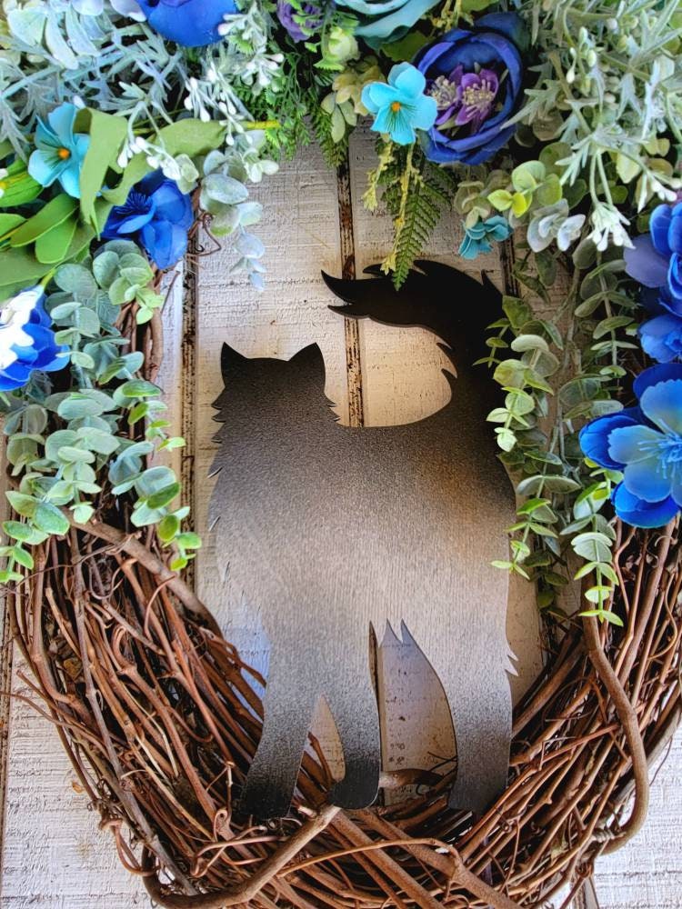 Extra Large Blue & Lavender Flowers Long Haired Cat Oval Grapevine Wreath