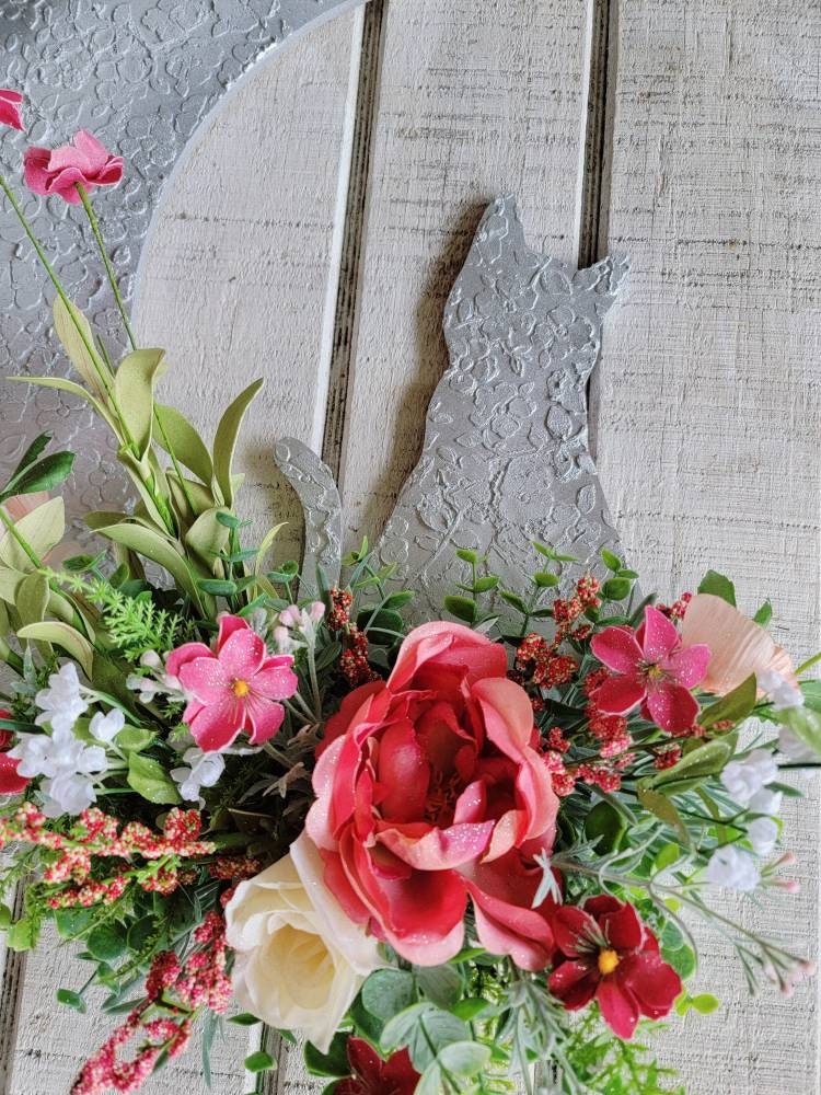 Pink Flower White Cat Moon Wreath