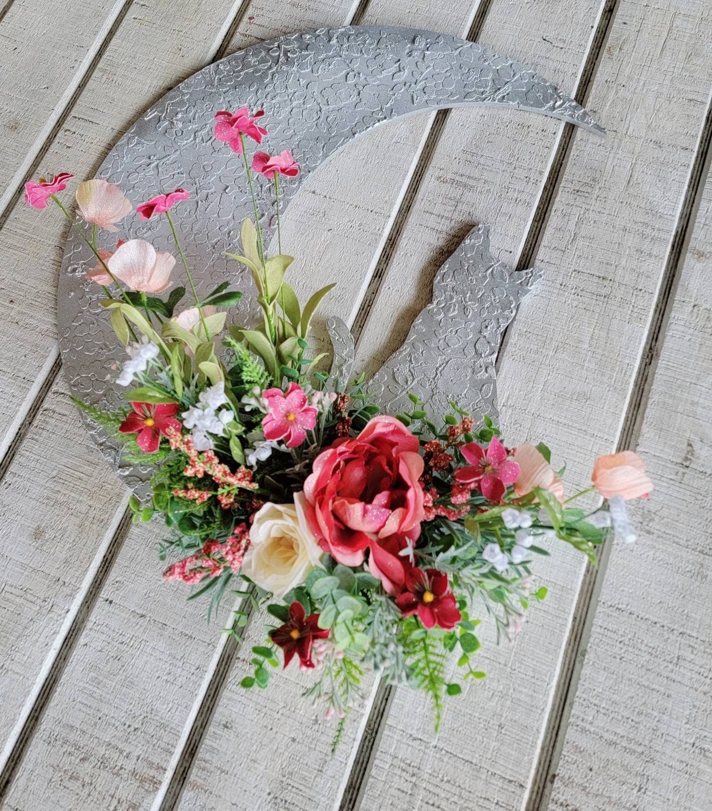 Pink Flower White Cat Moon Wreath