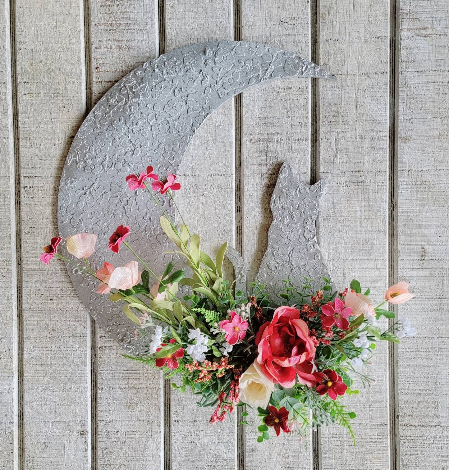 Pink Flower White Cat Moon Wreath