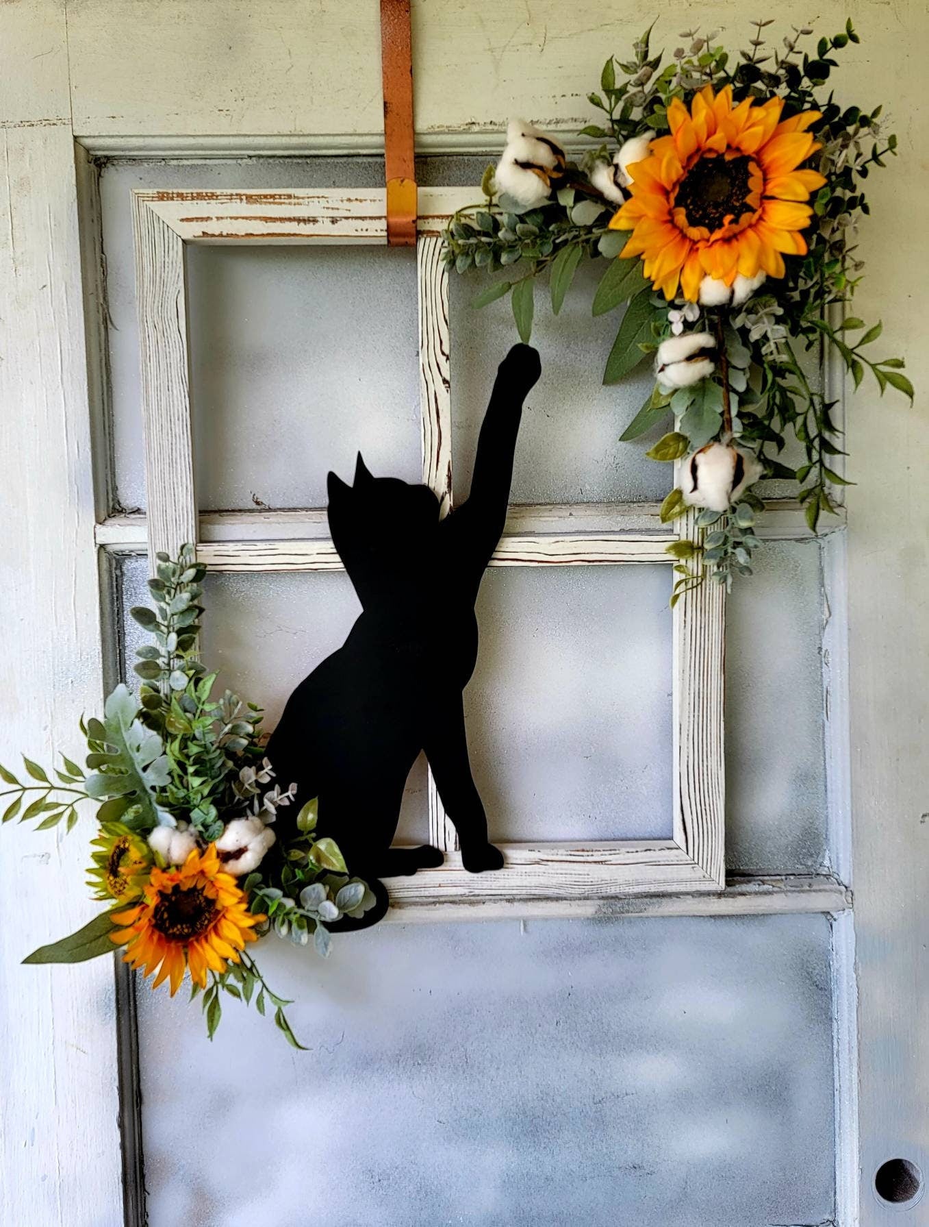 Rustic Sunflower Window Pane Cat Wall Art
