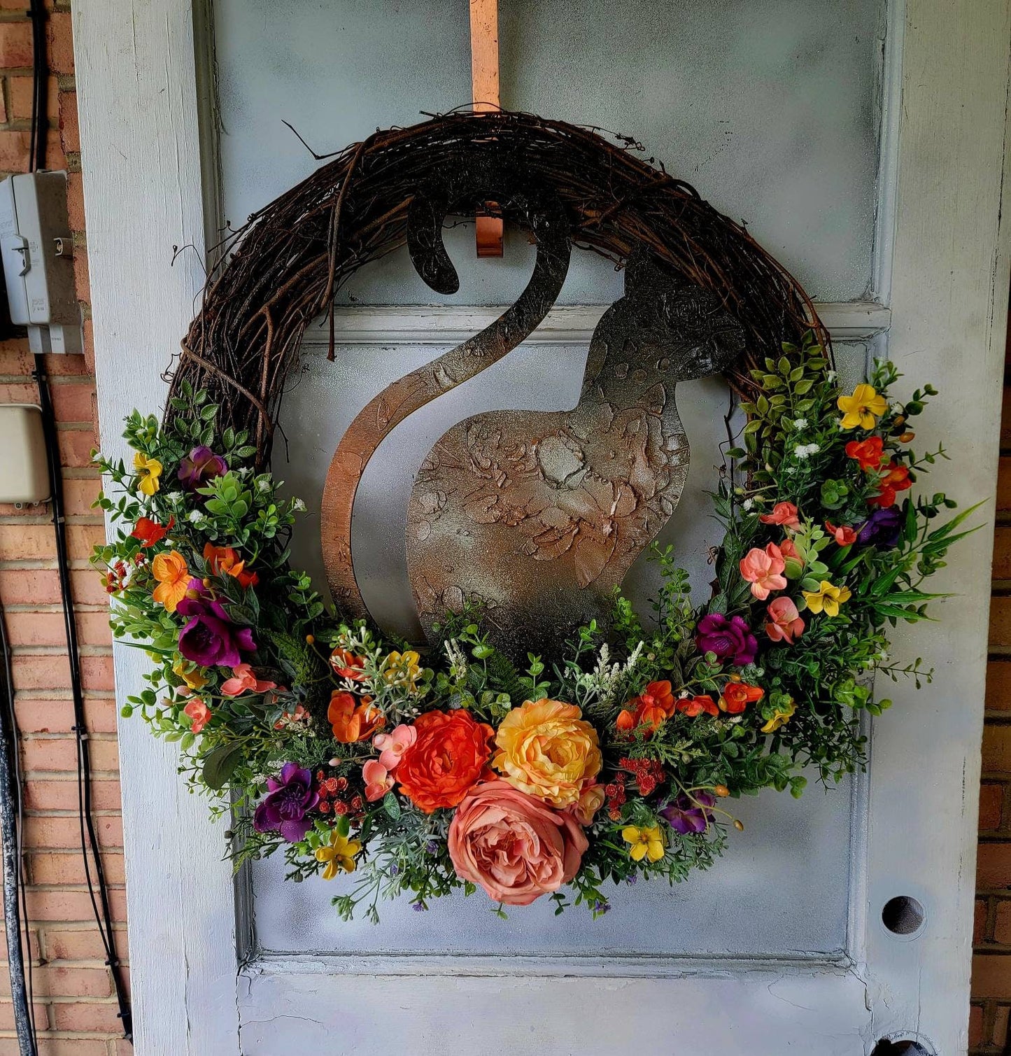 Extra Large Orange, Yellow & Red Cat Queen Grapevine Wreath