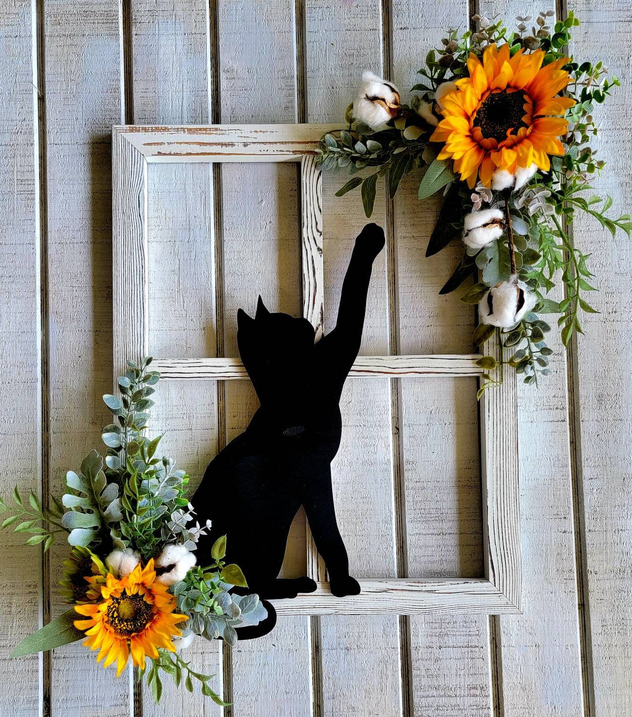 Rustic Sunflower Window Pane Cat Wall Art