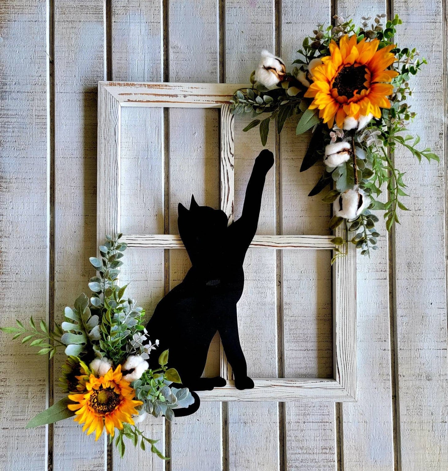Rustic Sunflower Window Pane Cat Wall Art