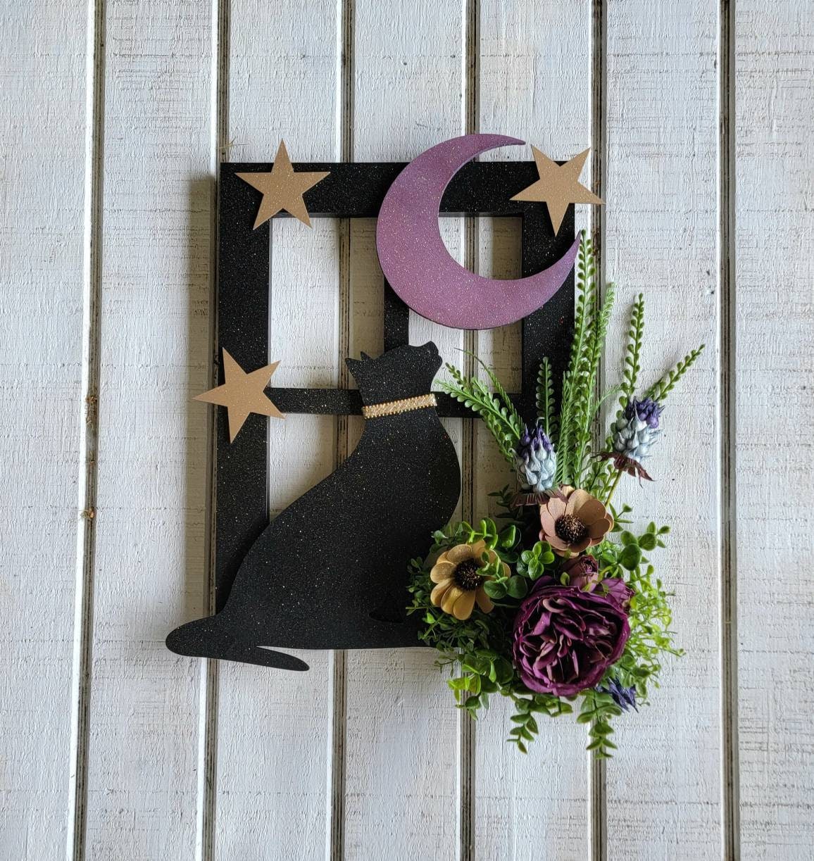 Witchy Moon & Stars Window Pane Cat Wall Art