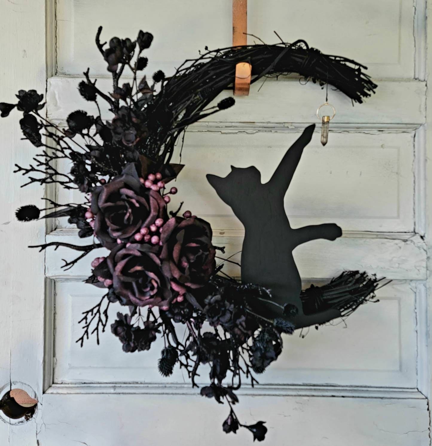 Witchy Hag Crescent Moon Crystal Cat Wreath