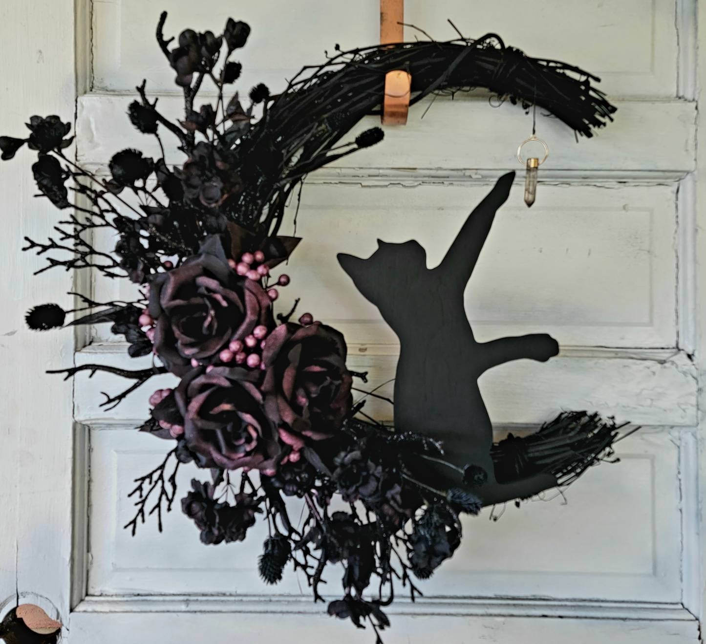 Cat Moon Wreath Witchy Christmas Crescent Moon w/ Crystal 18'' Grapevine shops • Purple Gothic Celestial Door Hanger • Holiday Kitty Lunar Decor