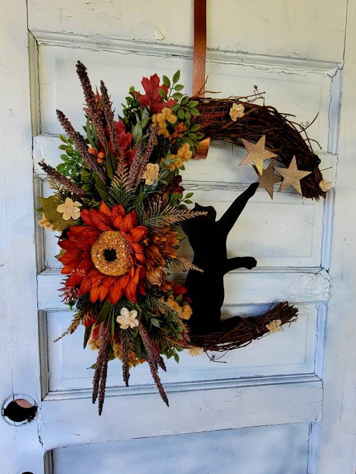 Fall Sunflower Cat Moon Wreath