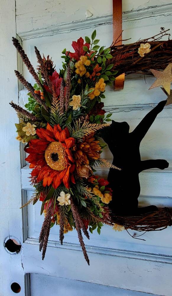 Fall Sunflower Cat Moon Wreath