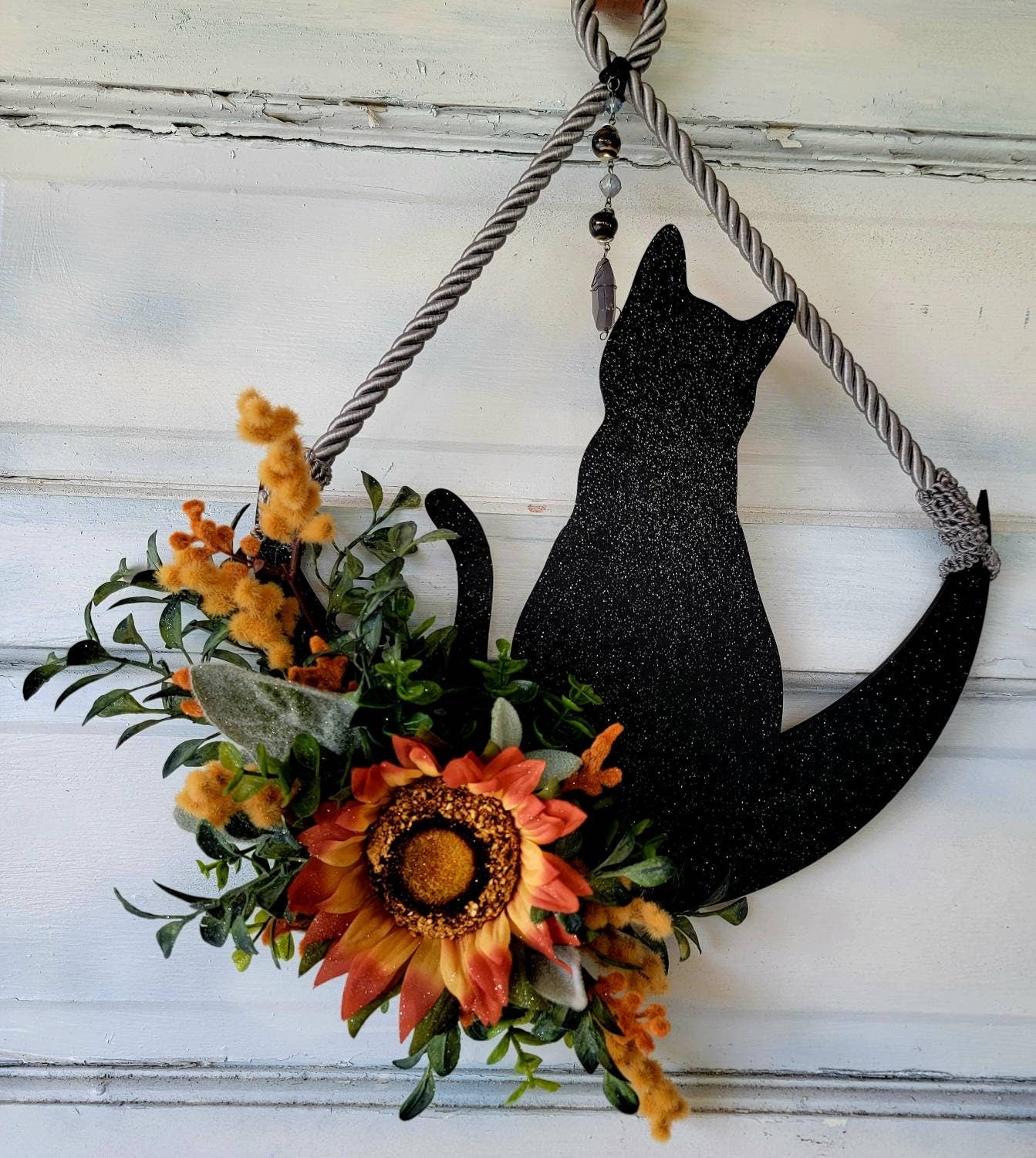 Light Orange Fall Cat Crystal Waning Crescent Moon Wreath