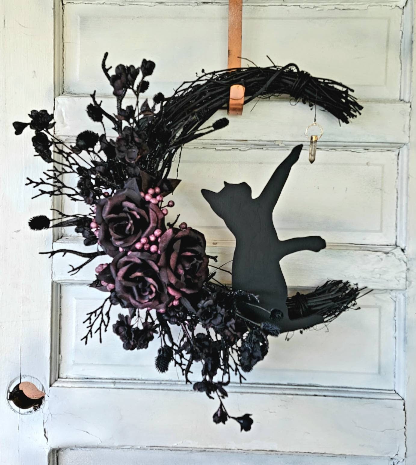 Witchy Hag Crescent Moon Crystal Cat Wreath