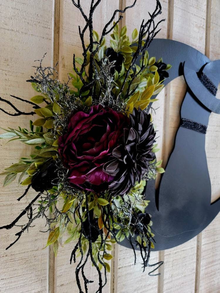Purple Flower Black Cat Witch Hat Crescent Moon Wreath