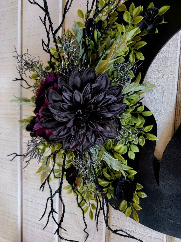 Purple Flower Black Cat Witch Hat Crescent Moon Wreath