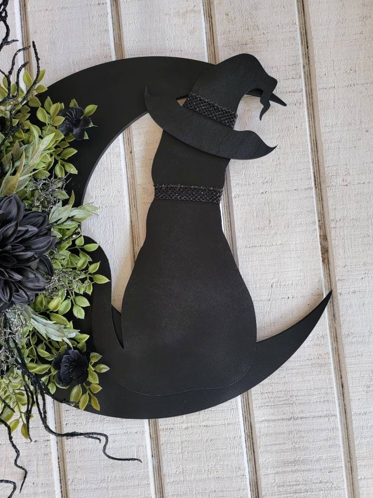 Purple Flower Black Cat Witch Hat Crescent Moon Wreath