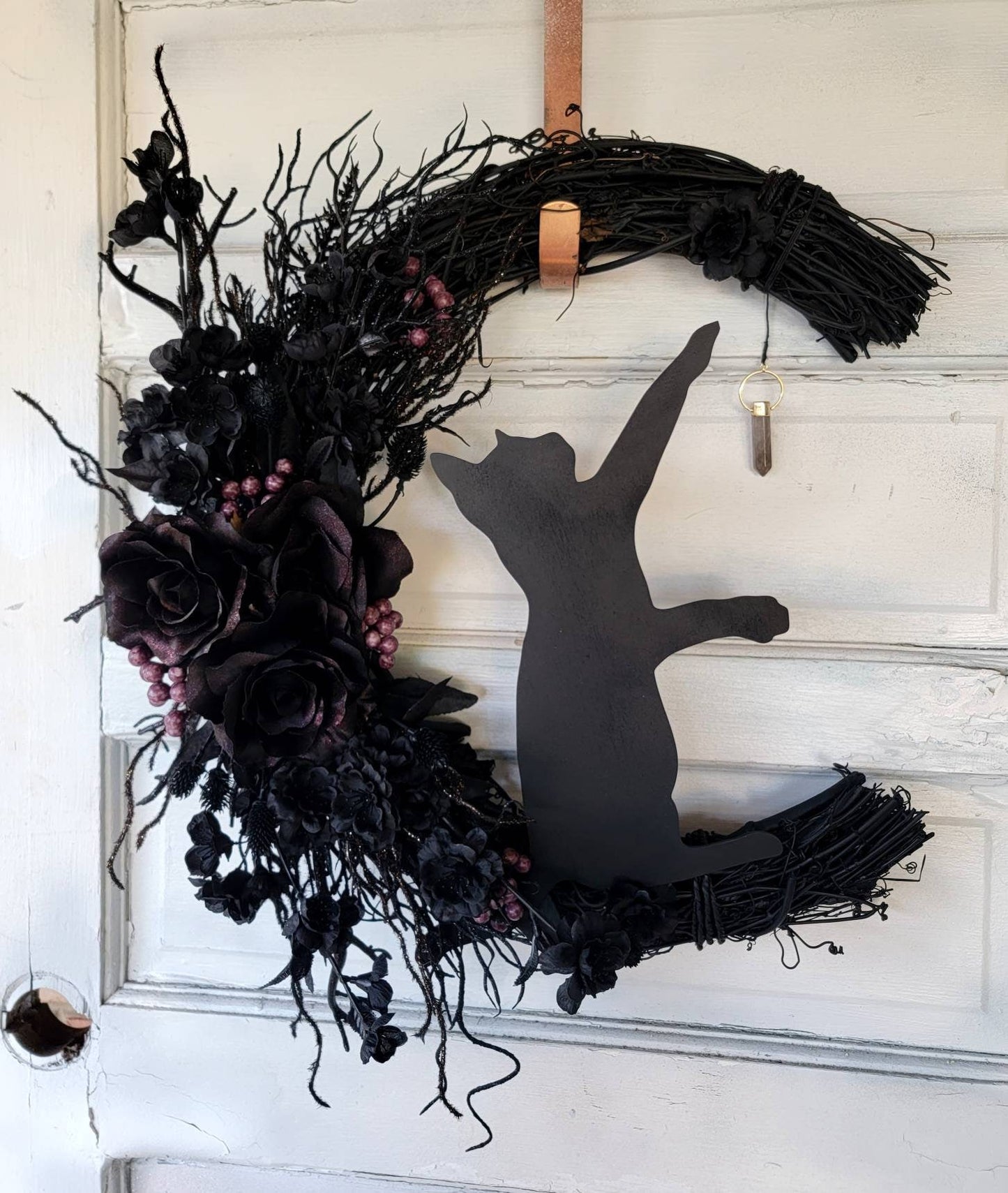 Witchy Hag Crescent Moon Crystal Cat Wreath