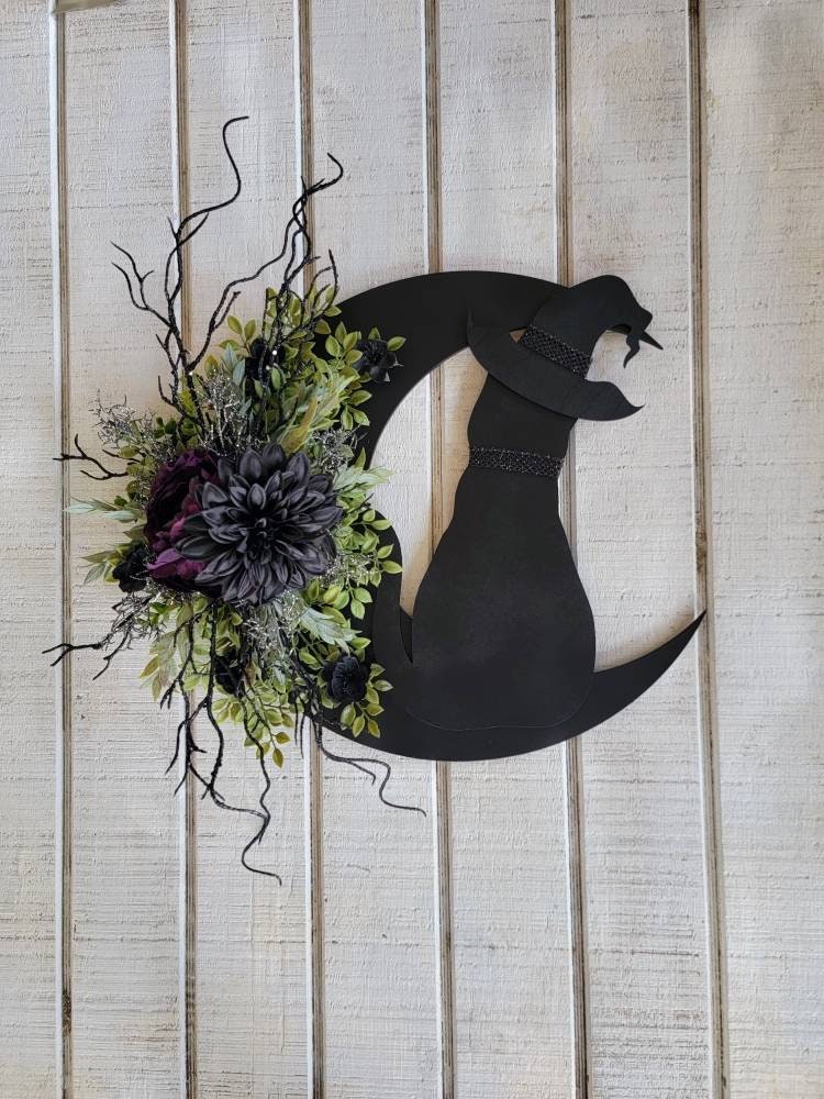 Purple Flower Black Cat Witch Hat Crescent Moon Wreath