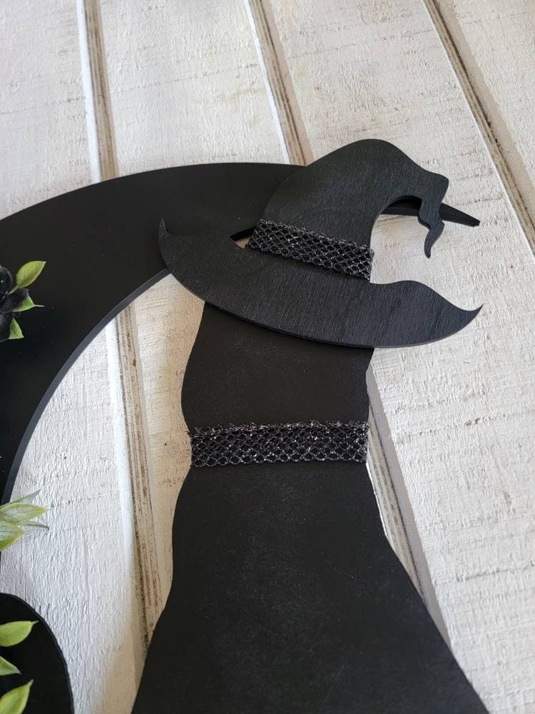 Purple Flower Black Cat Witch Hat Crescent Moon Wreath