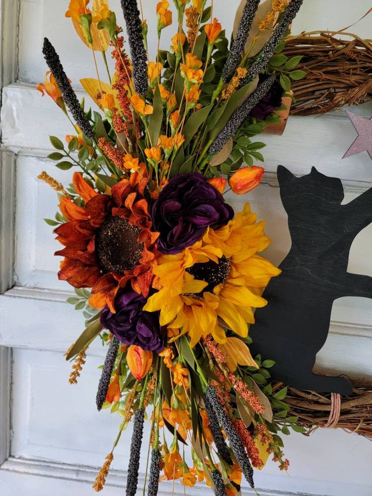 Fall Sunflower Cat Crescent Moon Wreath